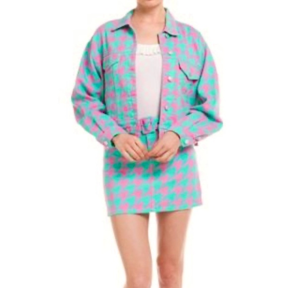 Signature8 Dresses & Skirts - Signature 8 aqua pink houndstooth check belted denim mini skirt M